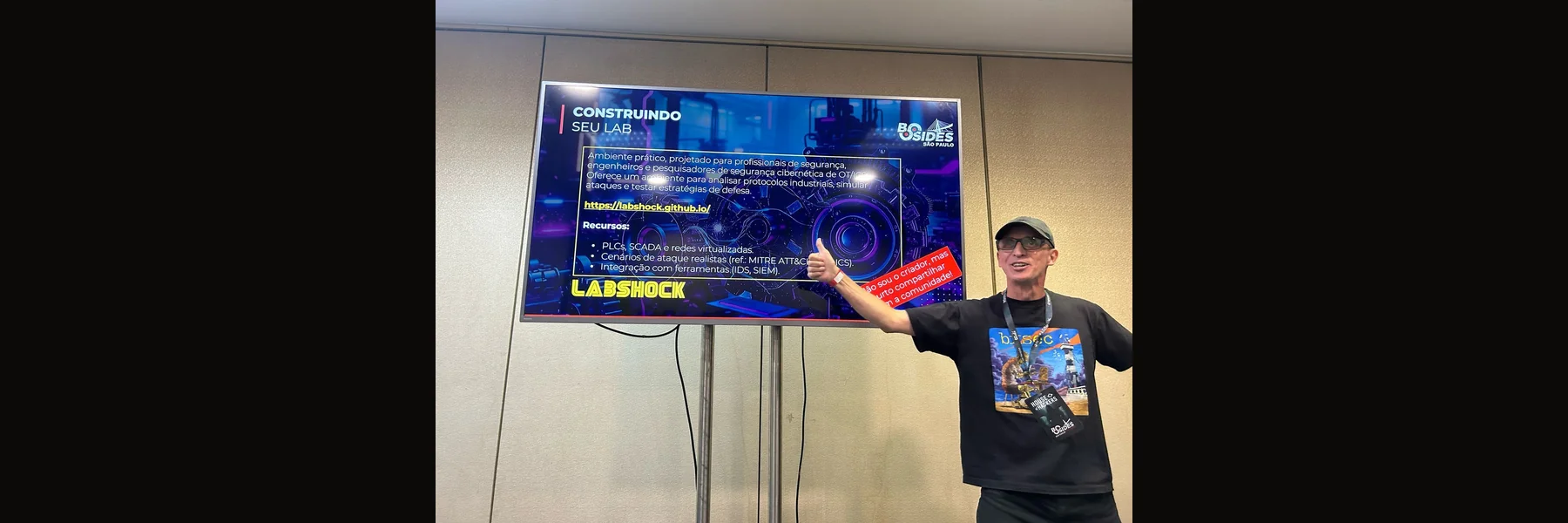 The Labshock slide on screen at BSides São Paulo 2025, during the Simulating Chaos in Industrial Environments session