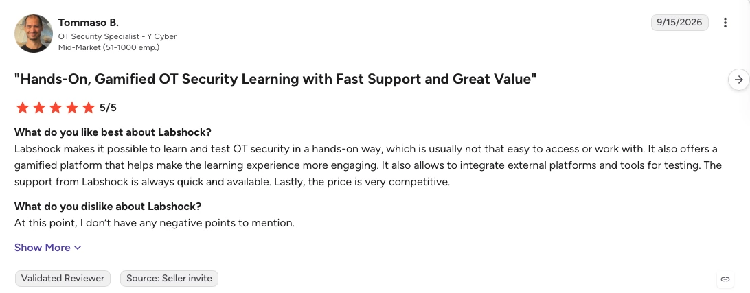 G2 review by Tommaso B., OT Security Specialist at Y Cyber, 5 out of 5 stars: "Hands-On, Gamified OT Security Learning with Fast Support and Great Value"